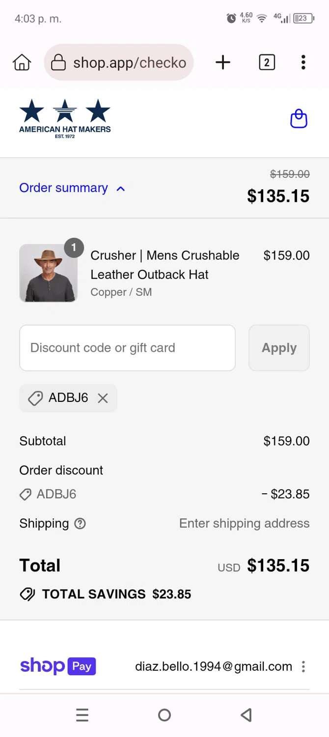 American Hat Makers discount code screenshot showing code ADBJ6 applied at American Hat Makers checkout page. Uploaded by SimplyCodes community member AnthonyGuapeton94 on Aug 27, 2025