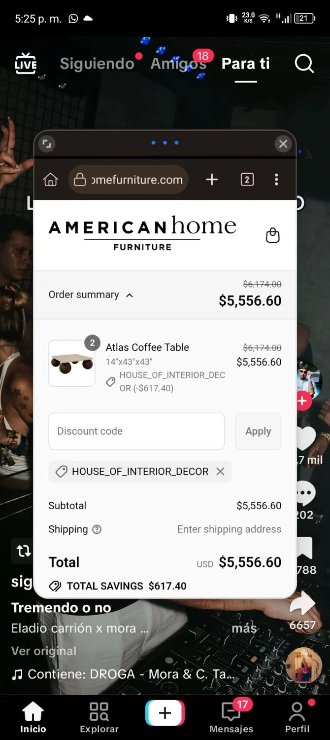 American Home Furniture discount code screenshot showing code HOUSE_OF_INTERIOR_DECOR applied at American Home Furniture checkout page. Uploaded by SimplyCodes community member YUPINEITOR on Aug 10, 2025