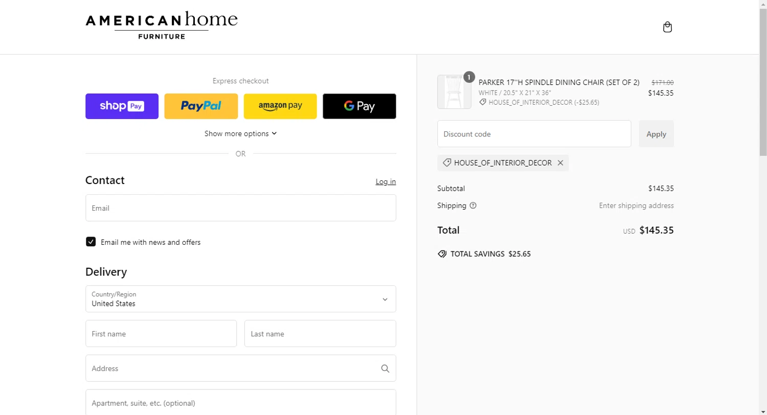 American Home Furniture discount code screenshot showing code HOUSE_OF_INTERIOR_DECOR applied at American Home Furniture checkout page. Uploaded by SimplyCodes community member PrimeMaven4654 on Jan 22, 2025