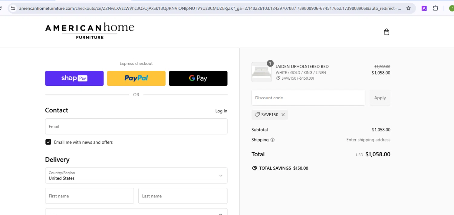 American Home Furniture discount code screenshot showing code SAVE150 applied at American Home Furniture checkout page. Uploaded by SimplyCodes community member BonusShopper7805 on Feb 17, 2025