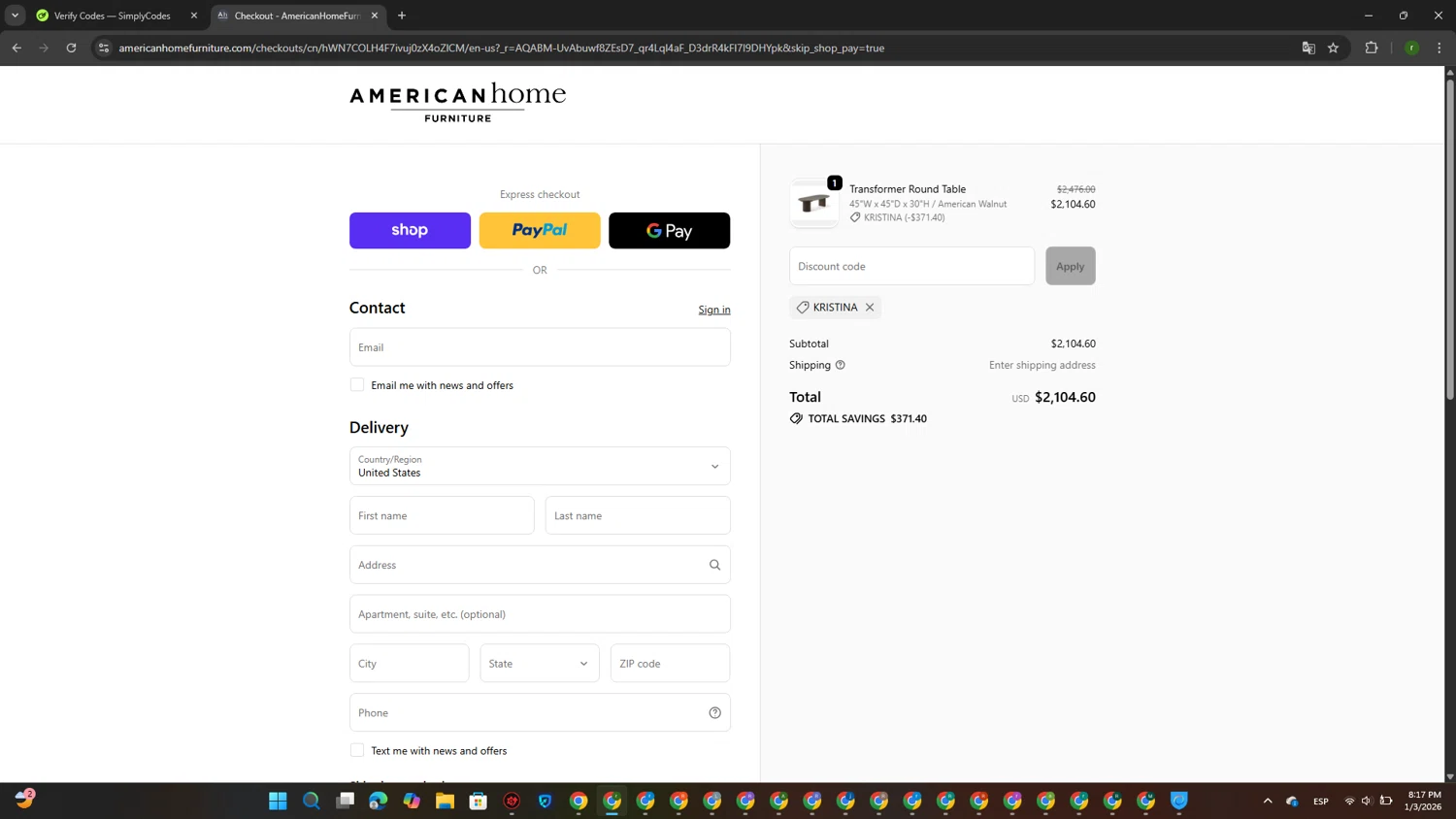 American Home Furniture discount code screenshot showing code KRISTINA applied at American Home Furniture checkout page. Uploaded by SimplyCodes community member GoldScout9735 on Jan 4, 2026