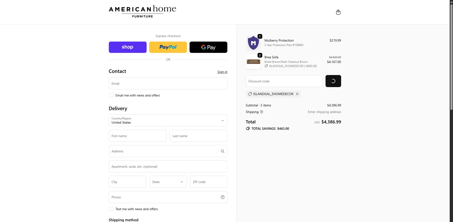 American Home Furniture discount code screenshot showing code ISLANDGAL_5HOMEDECOR applied at American Home Furniture checkout page. Uploaded by SimplyCodes community member BrilliantGenius7871 on Feb 6, 2026