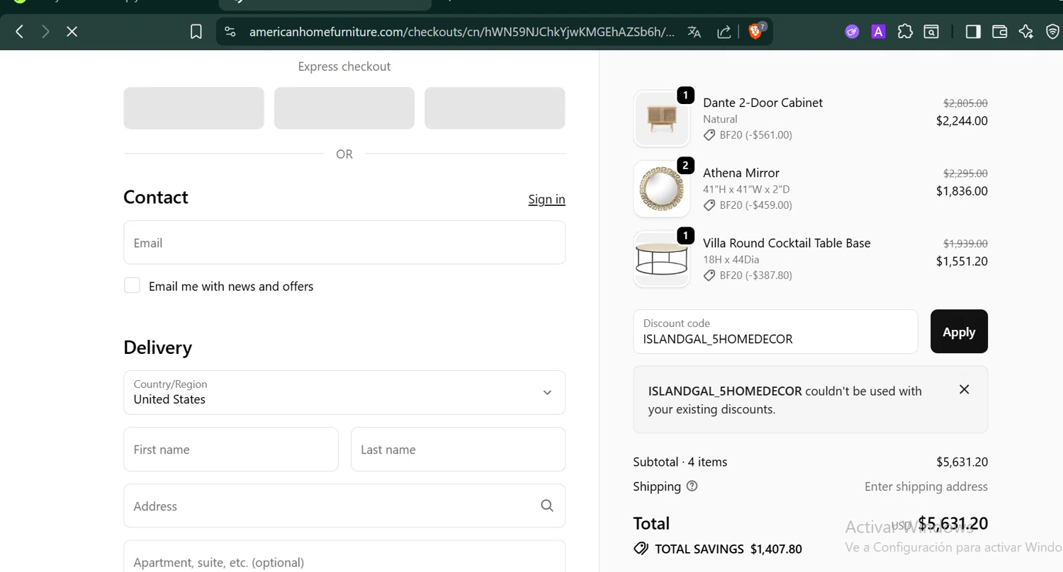 American Home Furniture discount code screenshot showing code ISLANDGAL_5HOMEDECOR applied at American Home Furniture checkout page. Uploaded by SimplyCodes community member PennyCaptain4684 on Nov 11, 2025