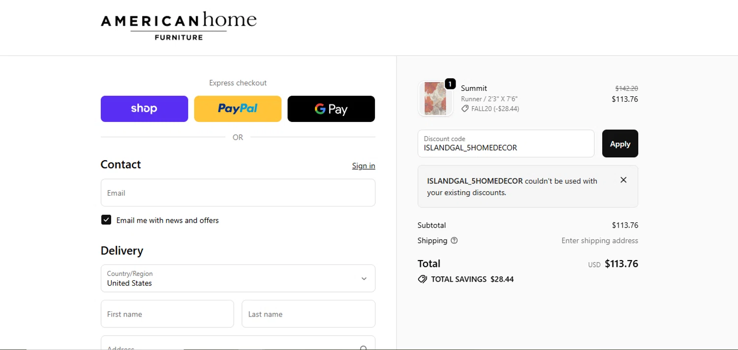 American Home Furniture discount code screenshot showing code ISLANDGAL_5HOMEDECOR applied at American Home Furniture checkout page. Uploaded by SimplyCodes community member juanisaac on Oct 1, 2025
