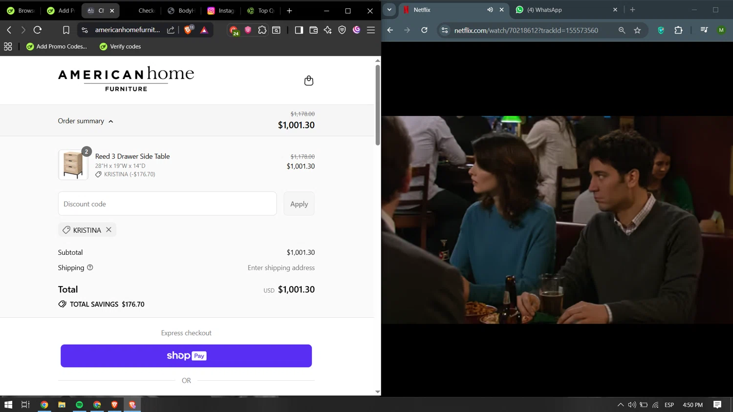 American Home Furniture discount code screenshot showing code KRISTINA applied at American Home Furniture checkout page. Uploaded by SimplyCodes community member yokoono10 on Aug 10, 2025