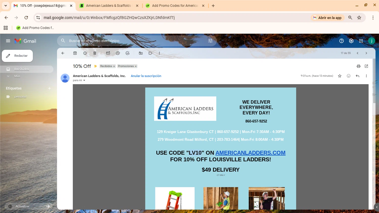 American Ladders & Scaffolds promo code screenshot showing code lv10 applied at American Ladders & Scaffolds checkout page. Uploaded by SimplyCodes community member yennifergonzalez on Jan 2, 2026