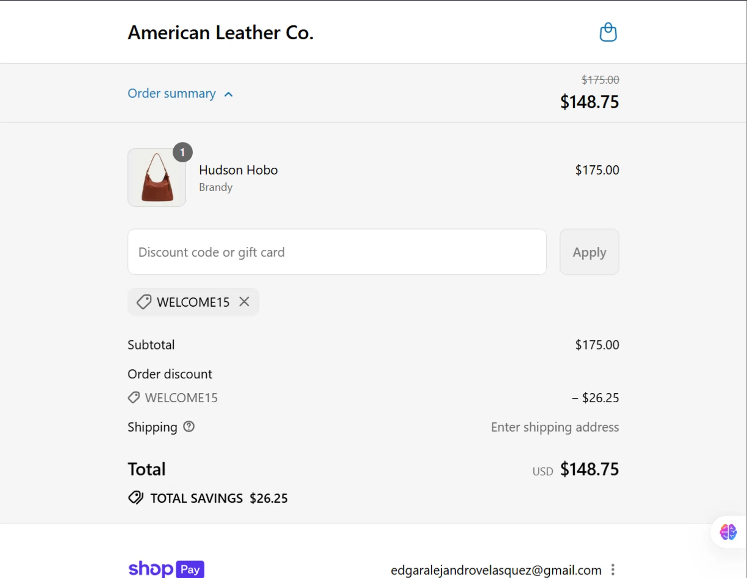 American Leather discount code screenshot showing code WELCOME15 applied at American Leather checkout page. Uploaded by SimplyCodes community member ValiantLion5897 on Aug 7, 2025