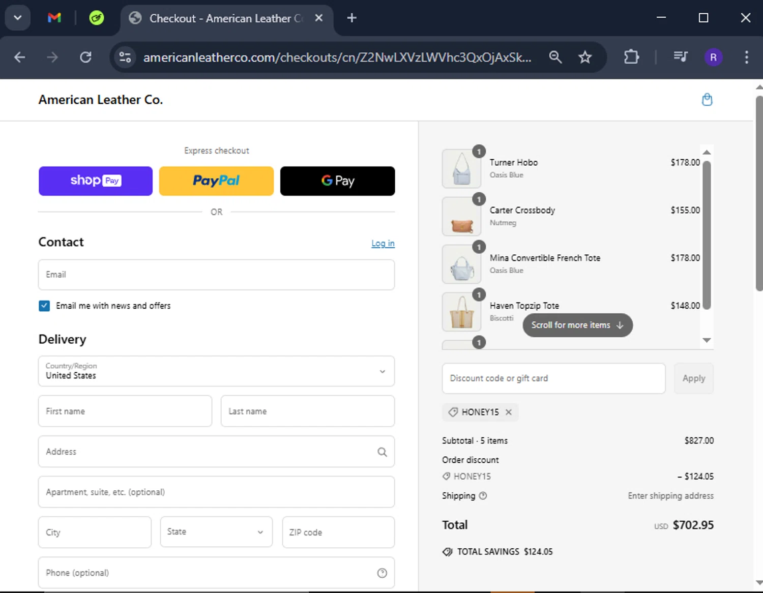 American Leather discount code screenshot showing code HONEY15 applied at American Leather checkout page. Uploaded by SimplyCodes community member CashCollector4199 on Mar 8, 2025