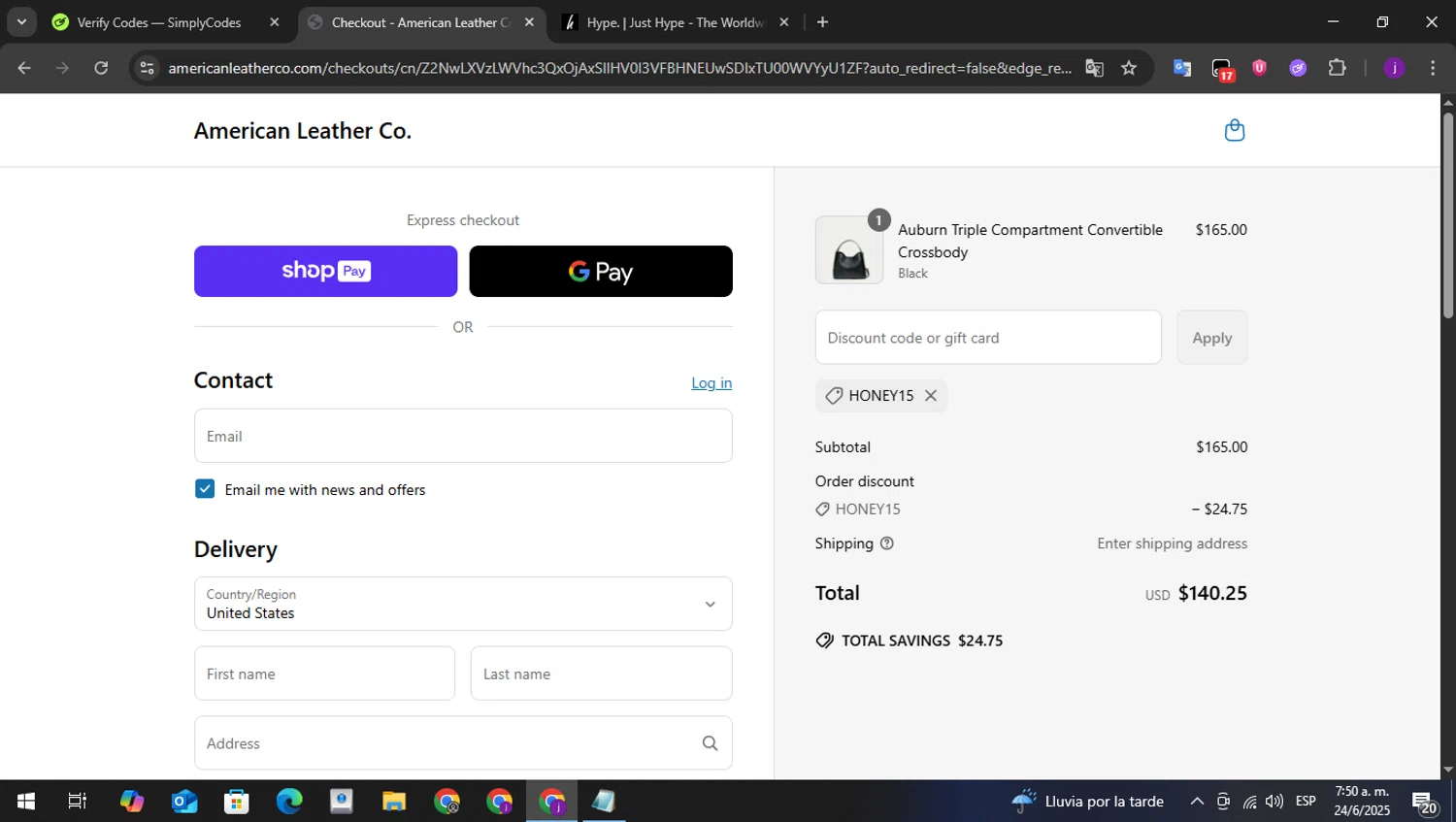 American Leather discount code screenshot showing code HONEY15 applied at American Leather checkout page. Uploaded by SimplyCodes community member perry1 on Jun 24, 2025