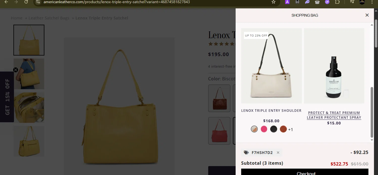 American Leather discount code screenshot showing code F7HSH7D2 applied at American Leather checkout page. Uploaded by SimplyCodes community member SilverMonarch6357 on Aug 15, 2025