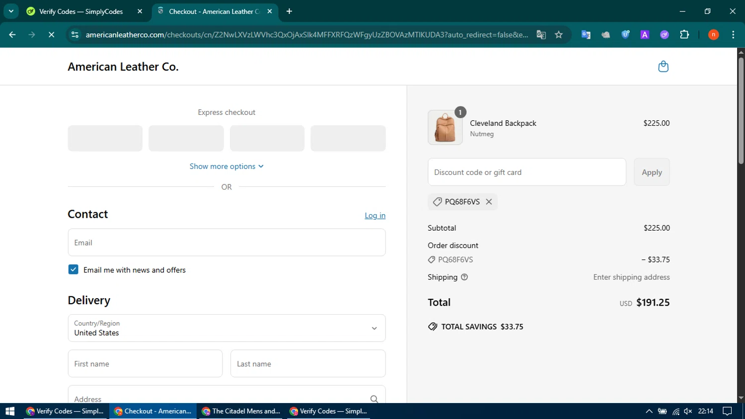 American Leather discount code screenshot showing code PQ68F6VS applied at American Leather checkout page. Uploaded by SimplyCodes community member CoinMaven895 on Jun 21, 2025