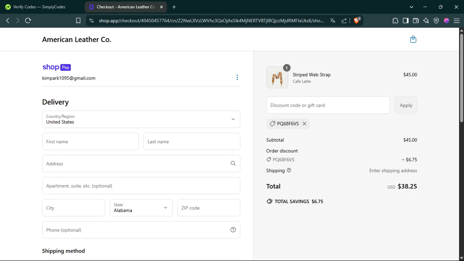American Leather discount code screenshot showing code PQ68F6VS applied at American Leather checkout page. Uploaded by SimplyCodes community member Guacamole_Picante on Jun 21, 2025