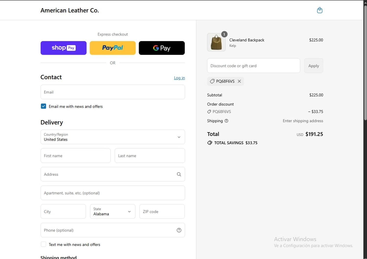 American Leather discount code screenshot showing code PQ68F6VS applied at American Leather checkout page. Uploaded by SimplyCodes community member SavvyLynx6076 on Aug 7, 2025