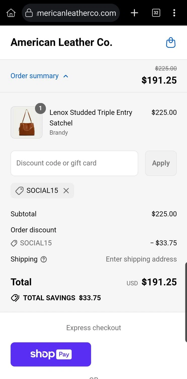 American Leather discount code screenshot showing code SOCIAL15 applied at American Leather checkout page. Uploaded by SimplyCodes community member Carloslvz on Aug 15, 2025