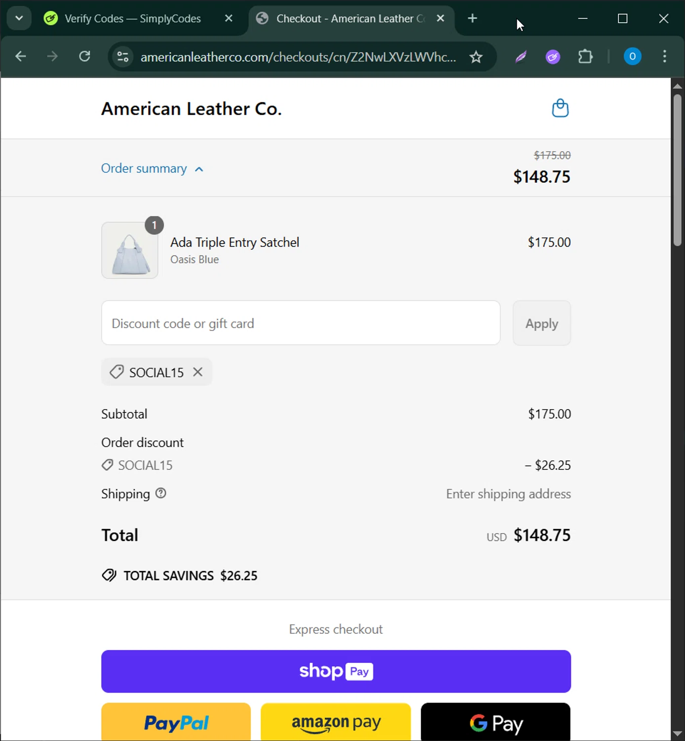 American Leather discount code screenshot showing code SOCIAL15 applied at American Leather checkout page. Uploaded by SimplyCodes community member CodeScholar4340 on May 23, 2025