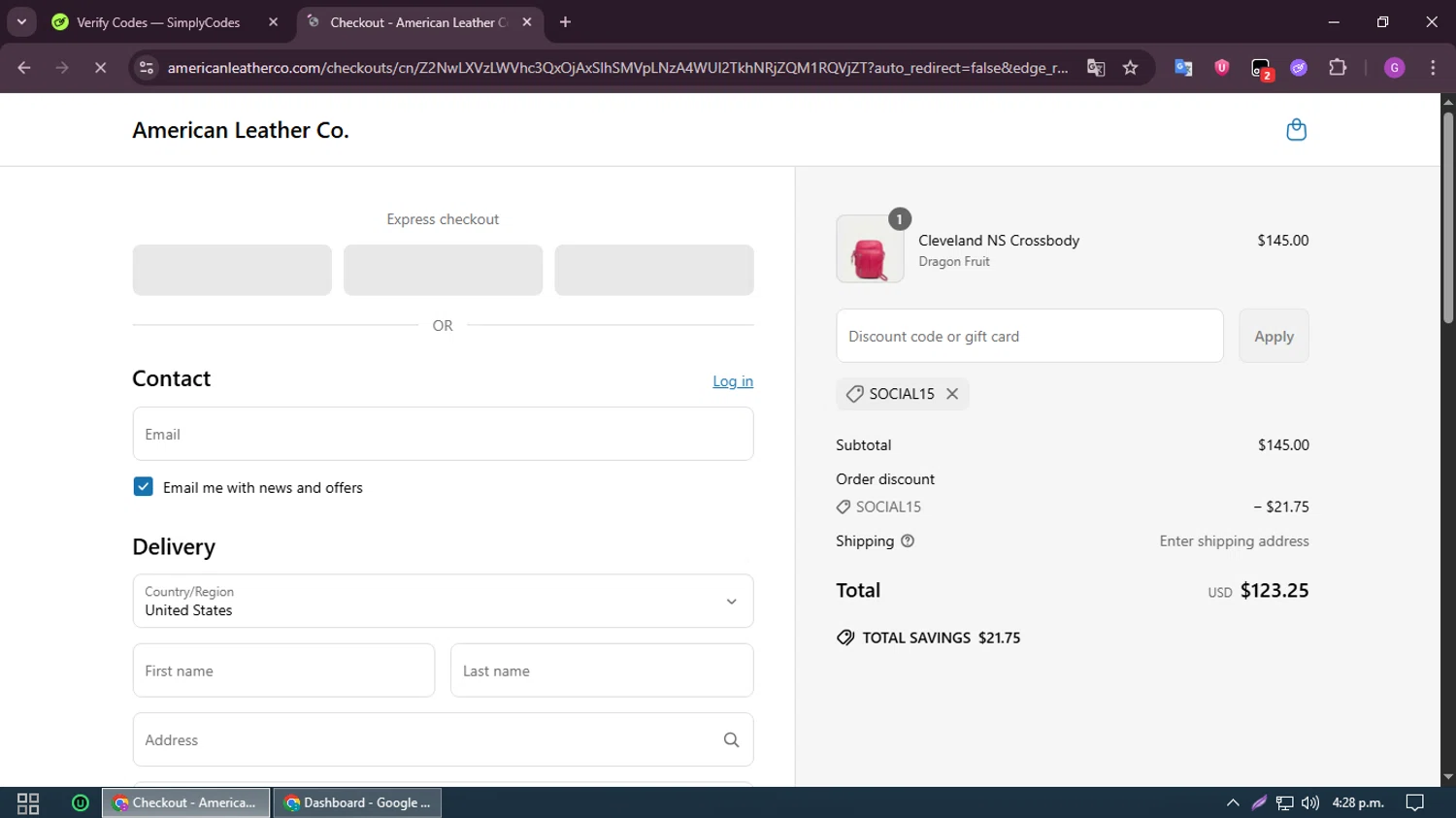American Leather discount code screenshot showing code SOCIAL15 applied at American Leather checkout page. Uploaded by SimplyCodes community member RewardHero5435 on Jun 14, 2025