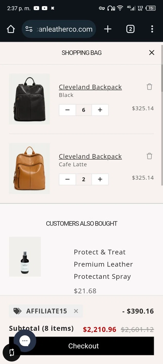 American Leather discount code screenshot showing code AFFILIATE15 applied at American Leather checkout page. Uploaded by SimplyCodes community member Rafita on Feb 19, 2025