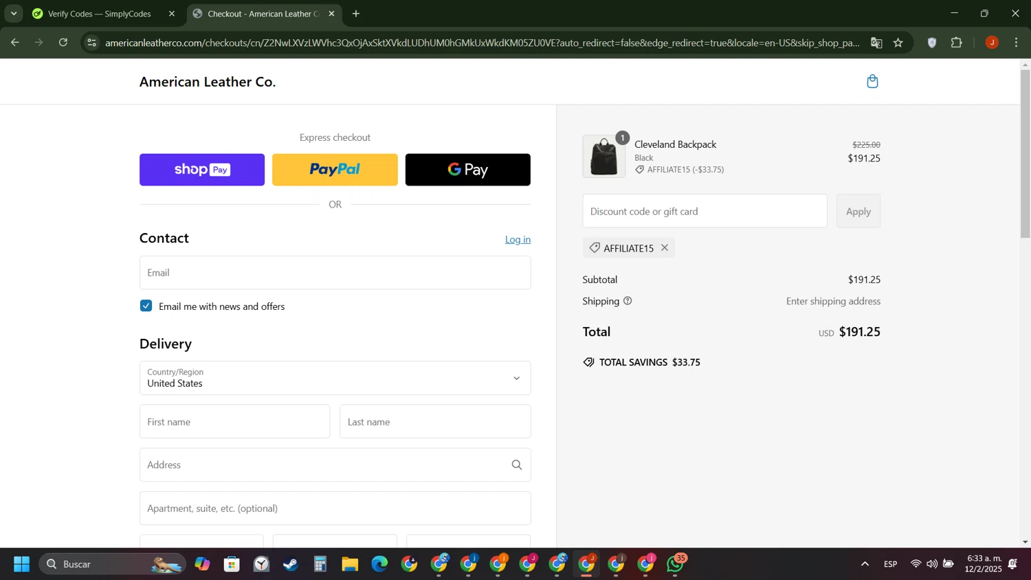 American Leather discount code screenshot showing code AFFILIATE15 applied at American Leather checkout page. Uploaded by SimplyCodes community member ShieldAce8260 on Feb 12, 2025