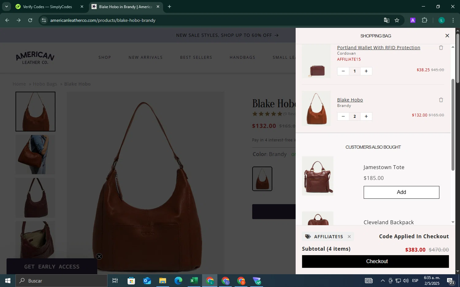 American Leather discount code screenshot showing code AFFILIATE15 applied at American Leather checkout page. Uploaded by SimplyCodes community member ValueExpert7524 on May 2, 2025