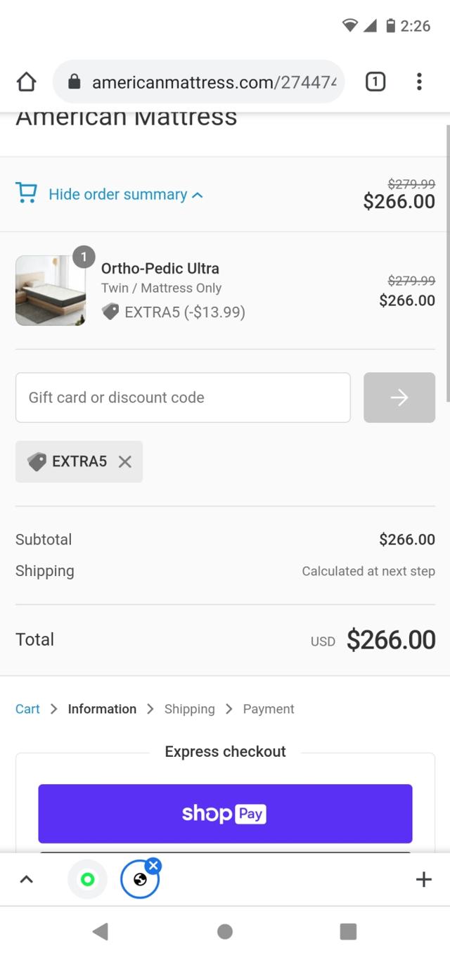 American Mattress checkout page showing American Mattress promo code box | Screenshot taken by SimplyCodes community member on Aug 3, 2021