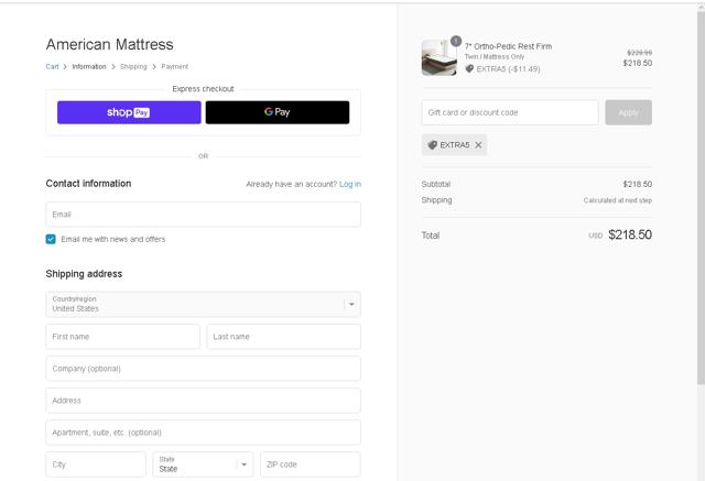 American Mattress checkout page showing American Mattress promo code box | Screenshot taken by SimplyCodes community member on Apr 23, 2023