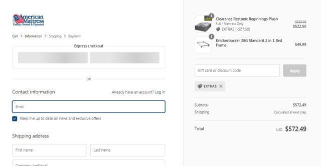 American Mattress checkout page showing American Mattress promo code box | Screenshot taken by SimplyCodes community member on Jul 10, 2020
