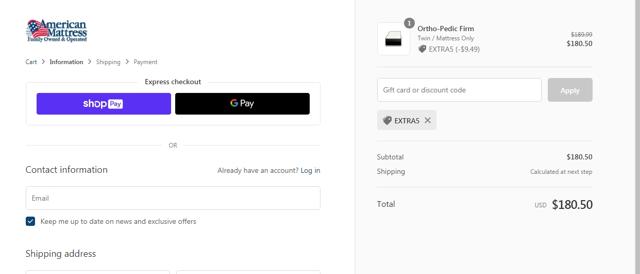American Mattress checkout page showing American Mattress promo code box | Screenshot taken by SimplyCodes community member on Jul 18, 2020