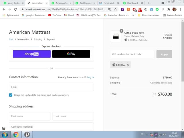 American Mattress checkout page showing American Mattress promo code box | Screenshot taken by SimplyCodes community member on Apr 27, 2021