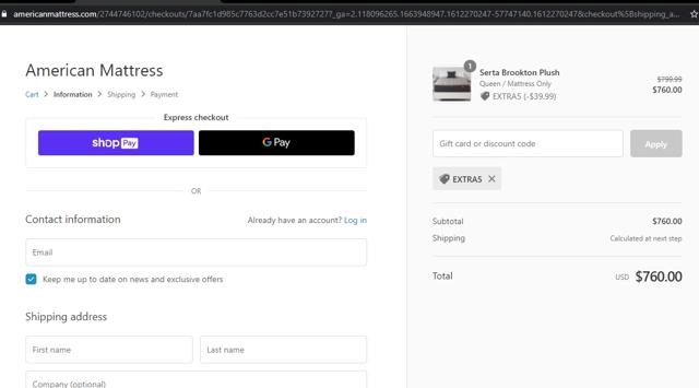 American Mattress checkout page showing American Mattress promo code box | Screenshot taken by SimplyCodes community member on Feb 2, 2021