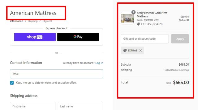 American Mattress checkout page showing American Mattress promo code box | Screenshot taken by SimplyCodes community member on Sep 16, 2020