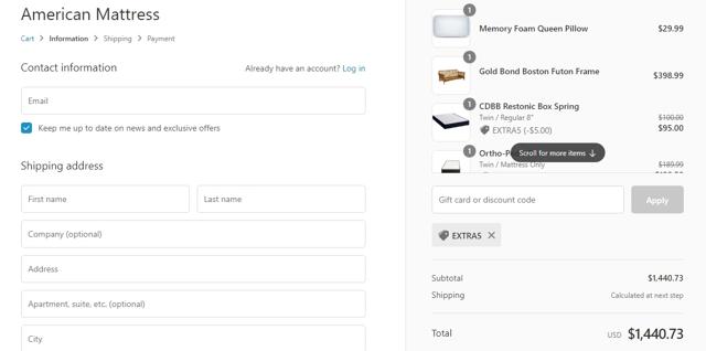 American Mattress checkout page showing American Mattress promo code box | Screenshot taken by SimplyCodes community member on Aug 5, 2020