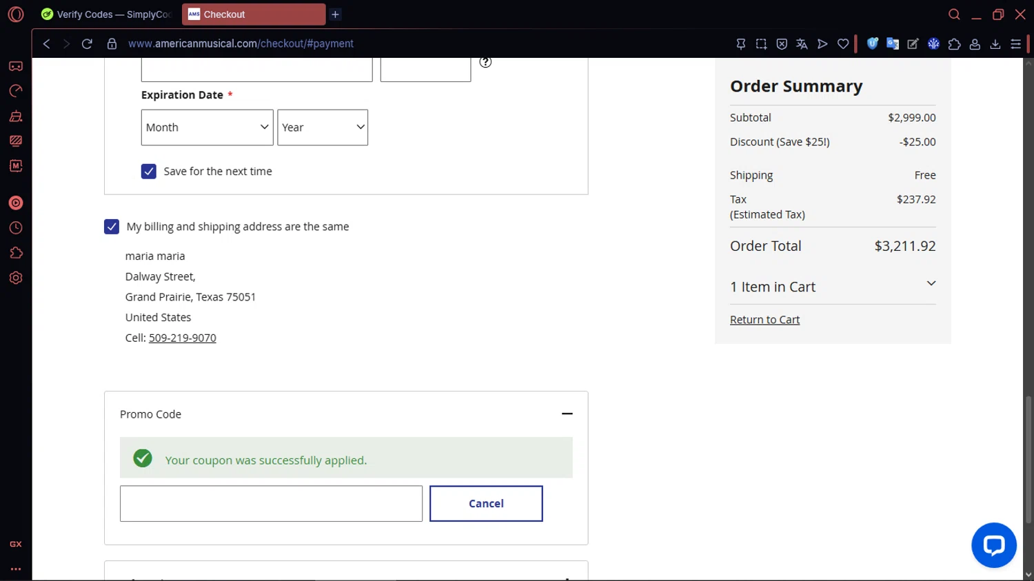 American Musical Supply promo code screenshot showing code 3QDHWIIM applied at American Musical Supply checkout page. Uploaded by SimplyCodes community member MoneySentinel1166 on Feb 21, 2026