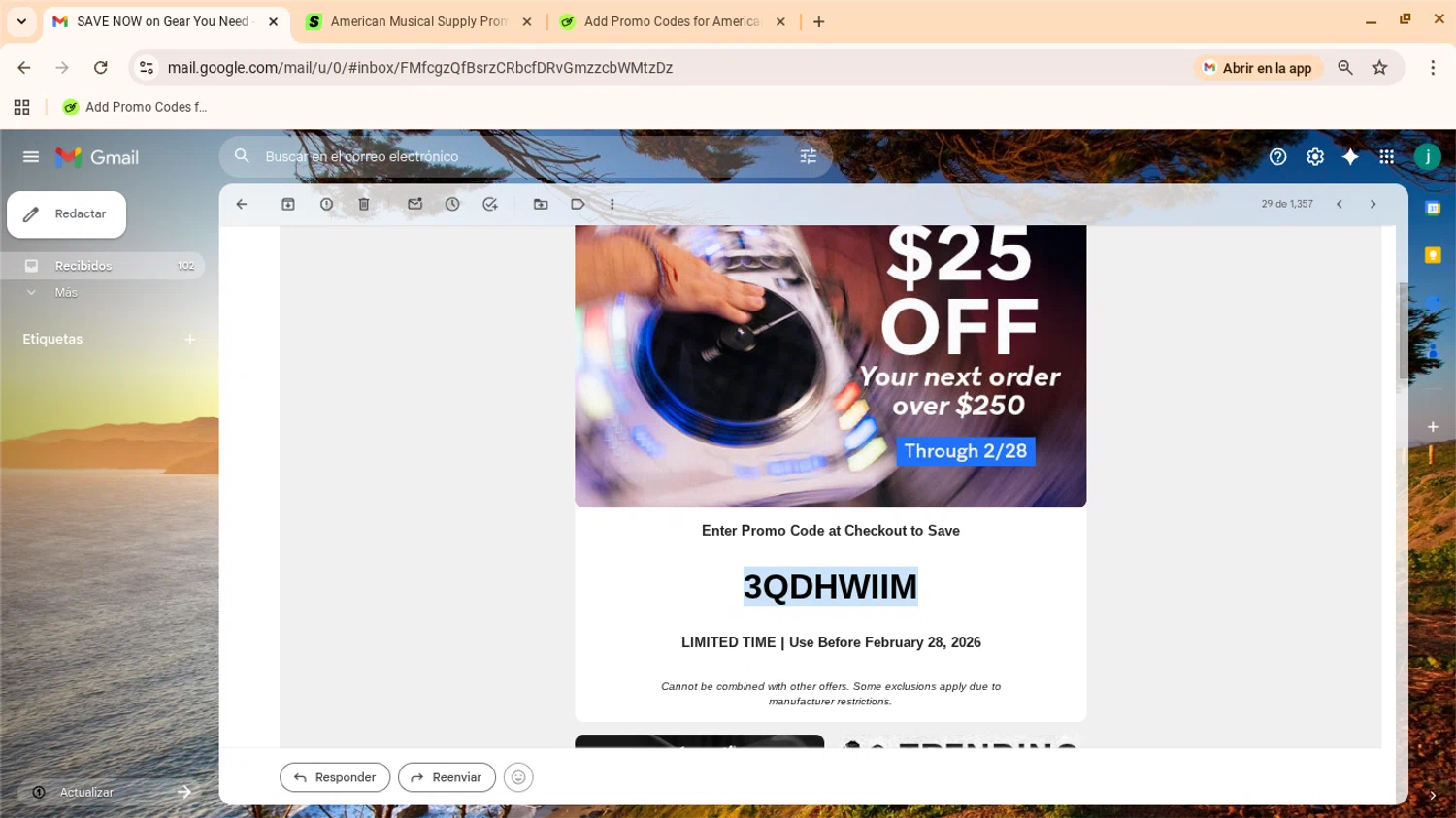 American Musical Supply promo code screenshot showing code 3QDHWIIM applied at American Musical Supply checkout page. Uploaded by SimplyCodes community member yennifergonzalez on Feb 21, 2026