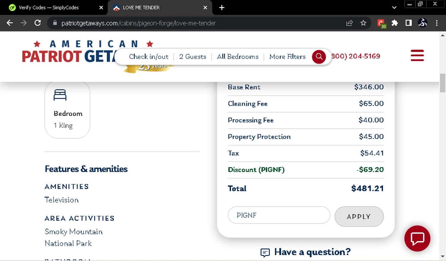 American Patriot Getaways promo code screenshot showing code PIGNF applied at American Patriot Getaways checkout page. Uploaded by SimplyCodes community member SwiftOwl697 on Sep 15, 2025