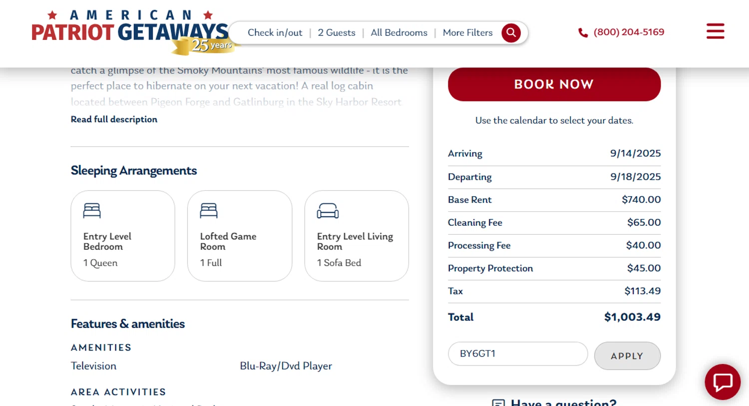 American Patriot Getaways promo code screenshot showing code BY6GT1 applied at American Patriot Getaways checkout page. Uploaded by SimplyCodes community member Josecaste on Sep 13, 2025