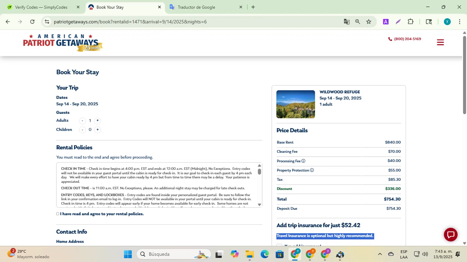 American Patriot Getaways promo code screenshot showing code BY6GT1 applied at American Patriot Getaways checkout page. Uploaded by SimplyCodes community member yadiracg074 on Sep 13, 2025
