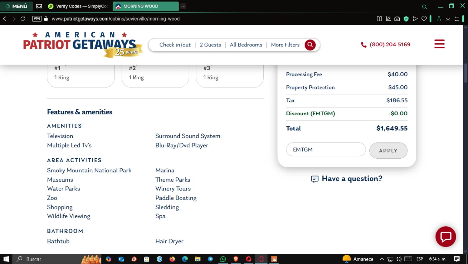 American Patriot Getaways promo code screenshot showing code EMTGM applied at American Patriot Getaways checkout page. Uploaded by SimplyCodes community member Mrburns on Feb 25, 2025
