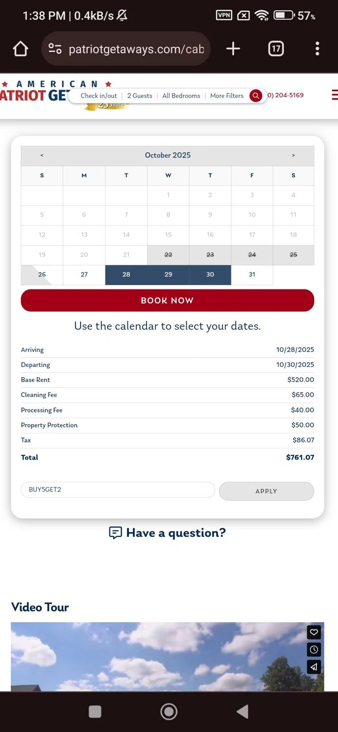 American Patriot Getaways promo code screenshot showing code BUY5GET2 applied at American Patriot Getaways checkout page. Uploaded by SimplyCodes community member ArgyArgy on Oct 22, 2025