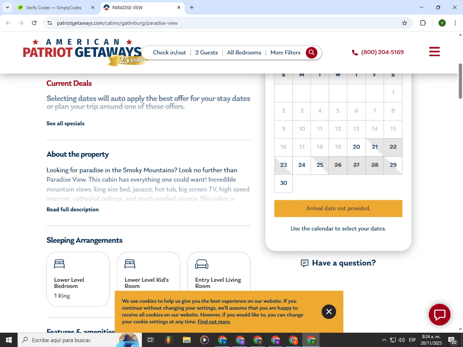 American Patriot Getaways promo code screenshot showing code BUY5GET2 applied at American Patriot Getaways checkout page. Uploaded by SimplyCodes community member PrimeWizard4168 on Nov 20, 2025