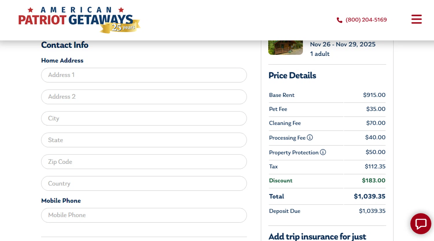American Patriot Getaways promo code screenshot showing code fall30 applied at American Patriot Getaways checkout page. Uploaded by SimplyCodes community member Yuskeilyn20 on Nov 3, 2025