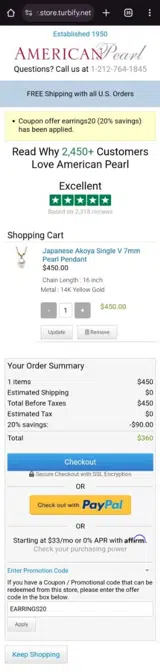 EARRINGS20 coupon verification screenshot