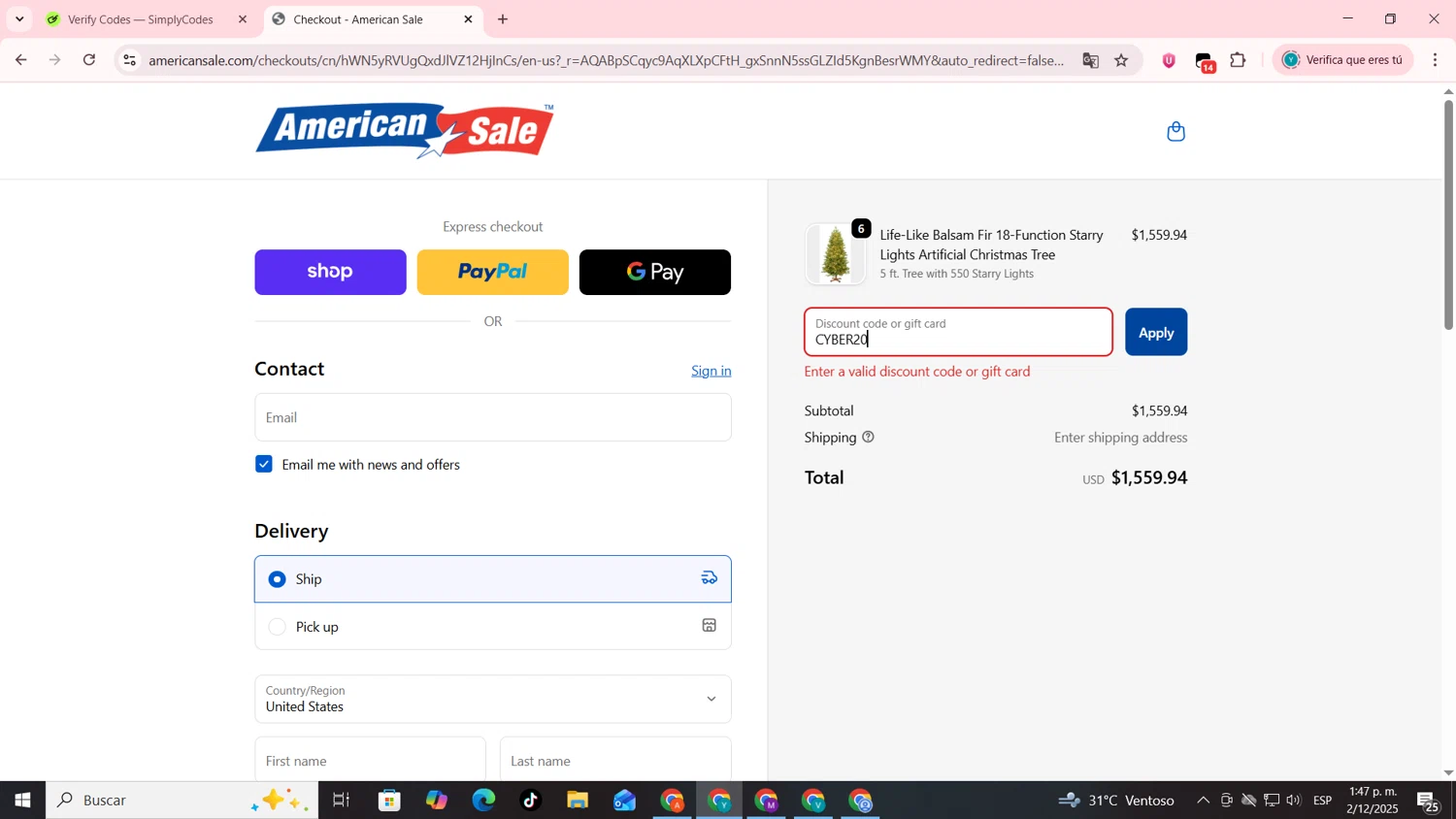 American Sale promo code screenshot showing code CYBER20 applied at American Sale checkout page. Uploaded by SimplyCodes community member codygakpo on Dec 2, 2025