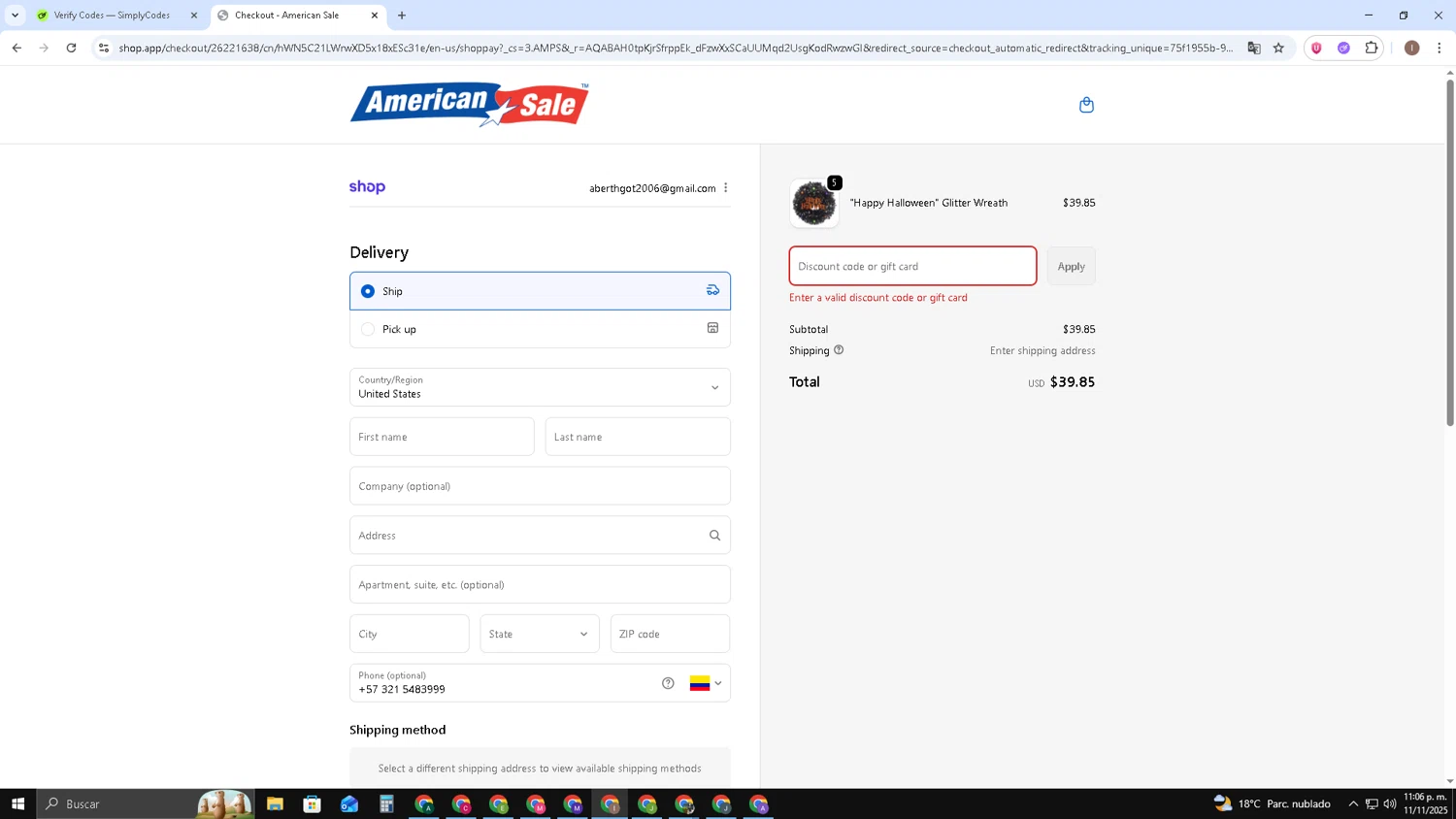 American Sale promo code screenshot showing code BUNNY10 applied at American Sale checkout page. Uploaded by SimplyCodes community member pequenokalvin5 on Nov 12, 2025
