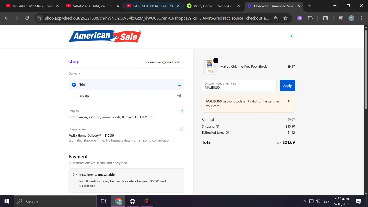 American Sale promo code screenshot showing code MALIBU50 applied at American Sale checkout page. Uploaded by SimplyCodes community member Anderson on Oct 5, 2025