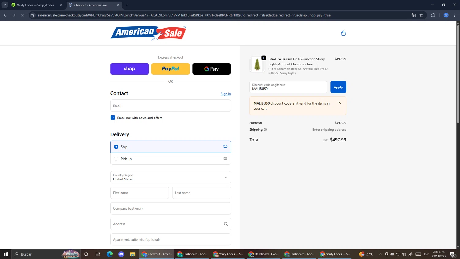 American Sale promo code screenshot showing code MALIBU50 applied at American Sale checkout page. Uploaded by SimplyCodes community member RoyalExpert3857 on Nov 27, 2025