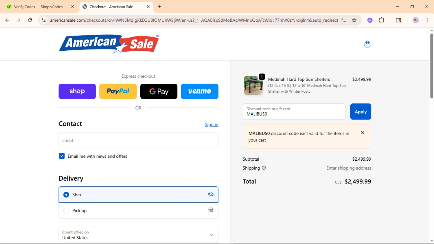 American Sale promo code screenshot showing code MALIBU50 applied at American Sale checkout page. Uploaded by SimplyCodes community member ValueFox5508 on Nov 16, 2025