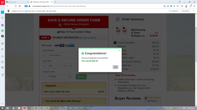 American Service Pets checkout page showing American Service Pets coupon code box | Screenshot taken by SimplyCodes community member on Jun 11, 2025
