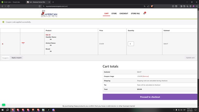 American Service Pets checkout page showing American Service Pets coupon code box | Screenshot taken by SimplyCodes community member on Jul 30, 2025