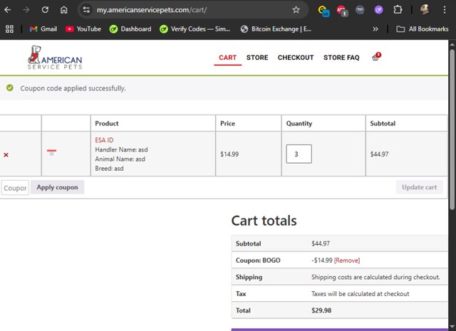 American Service Pets checkout page showing American Service Pets coupon code box | Screenshot taken by SimplyCodes community member on Jul 1, 2025