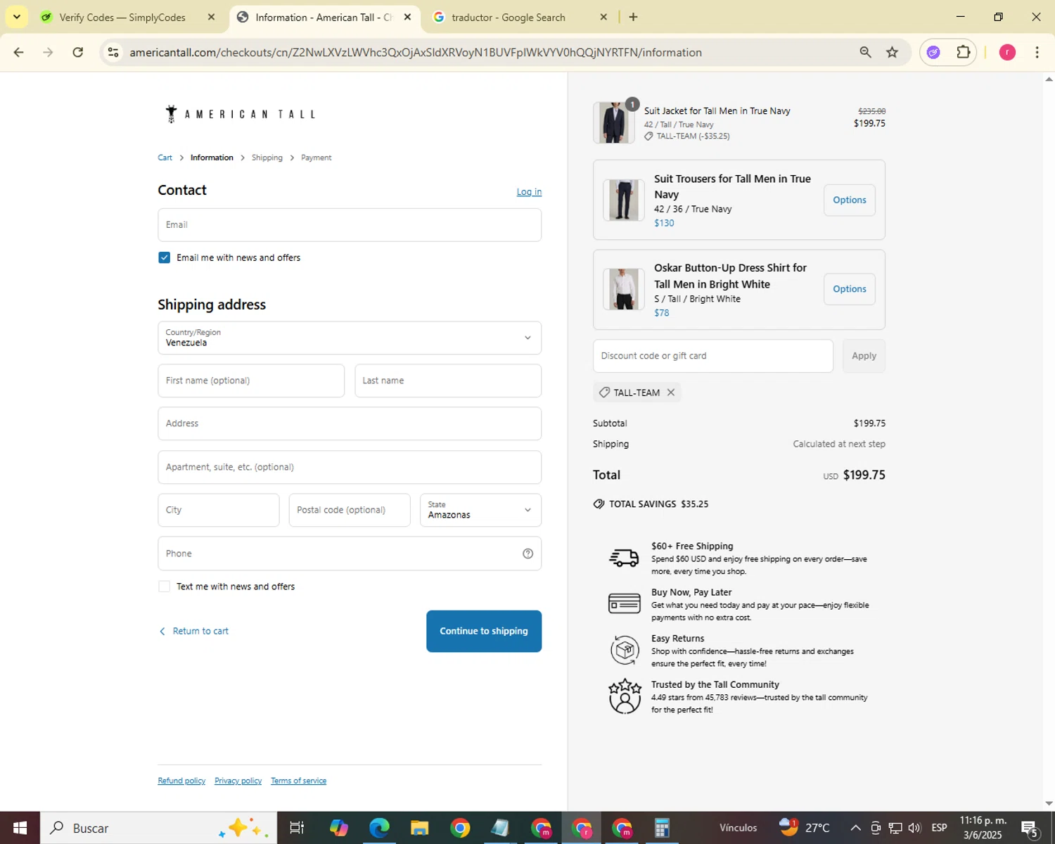 American Tall discount code screenshot showing code TALL-TEAM applied at American Tall checkout page. Uploaded by SimplyCodes community member BrilliantOwl406 on Jun 4, 2025